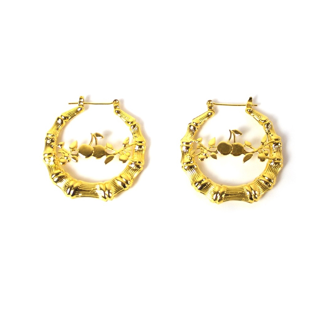 Cherry vine bamboo hoop earrings 18k gold plated